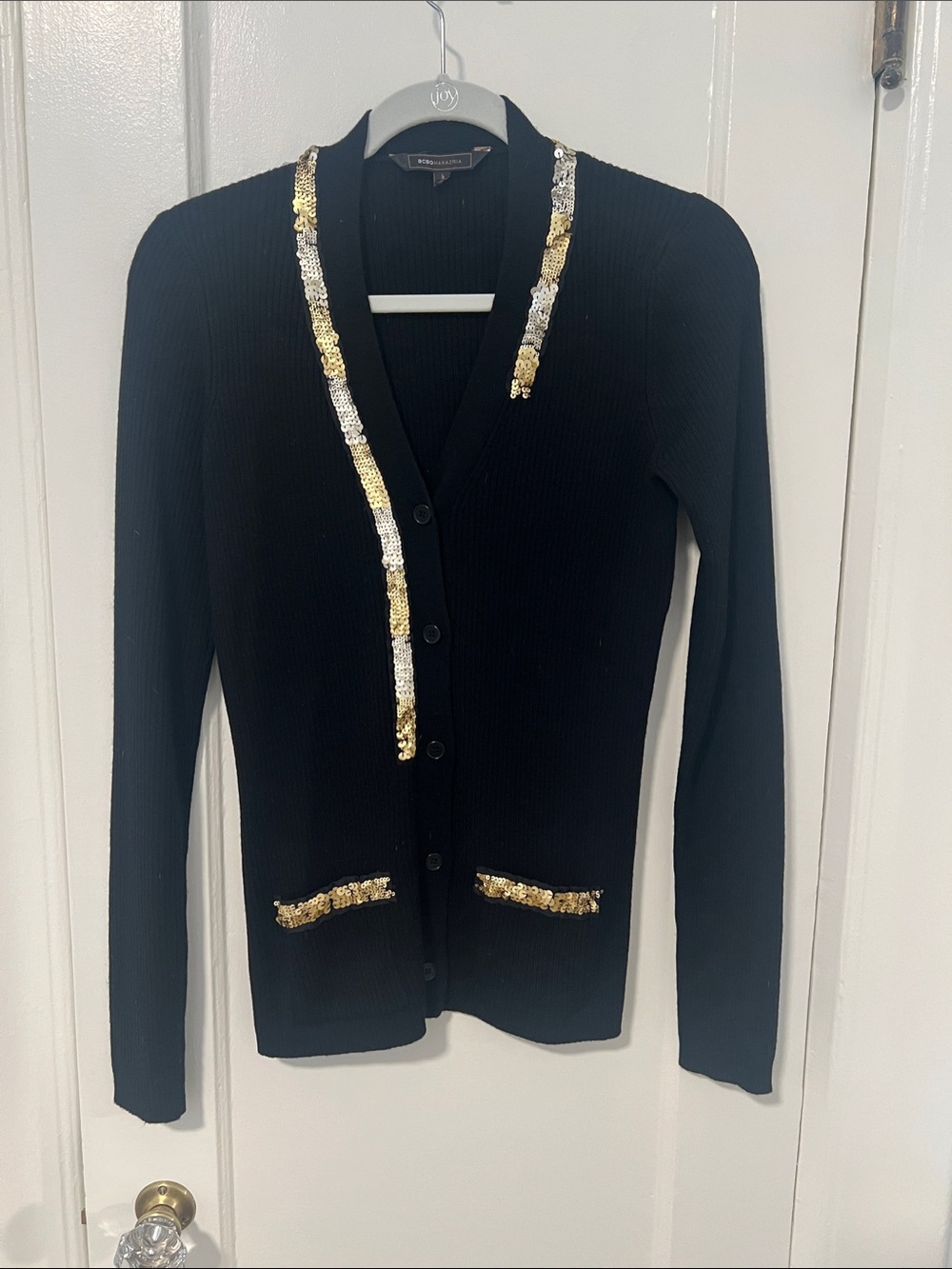 BCBGMaxAzria Black Cardigan with Gold & Silver Sequin Trim Wool Medium